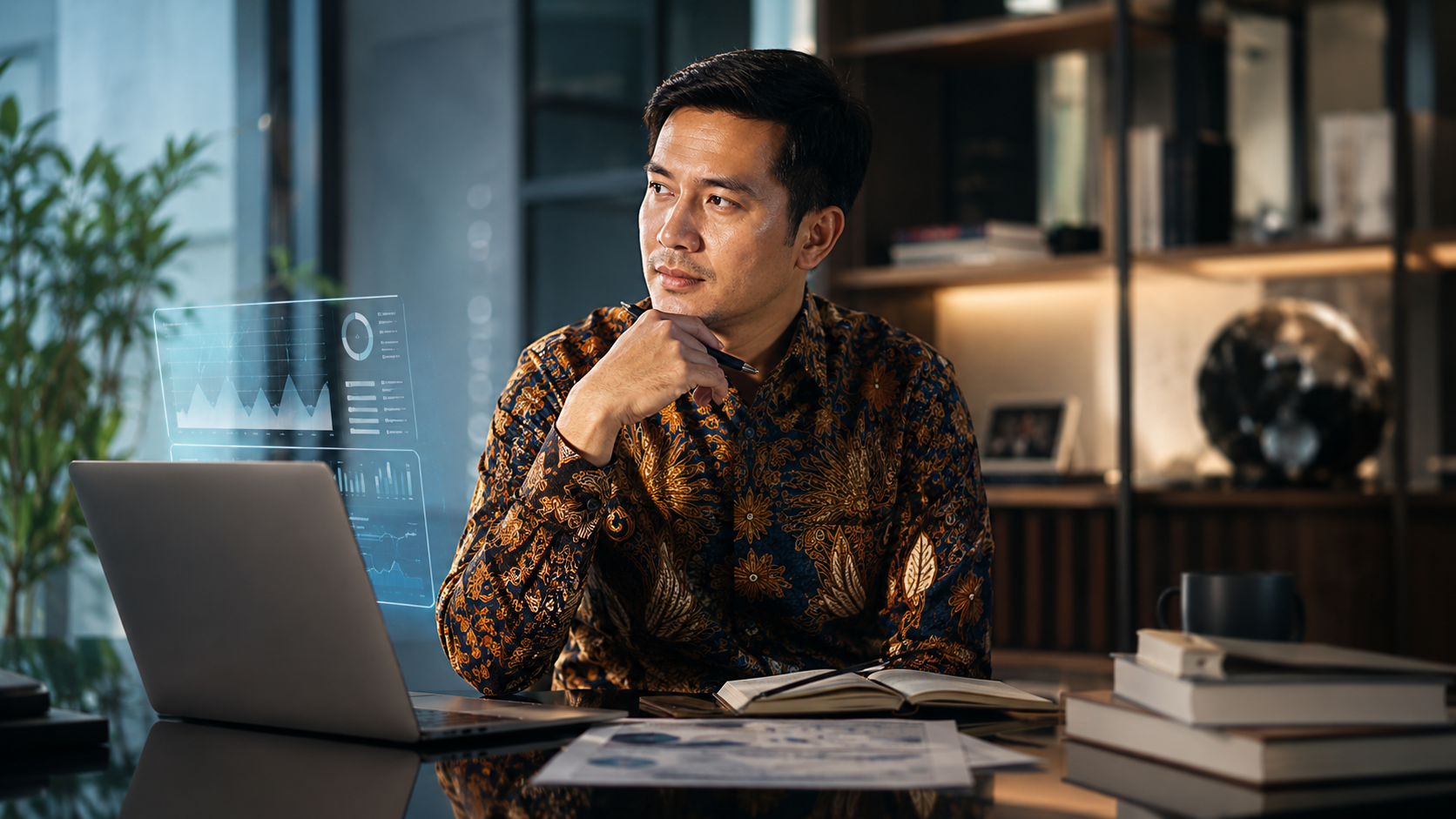 Indonesian gentleman in a batik shirt reflecting on learning, expertise and AI-augmented work