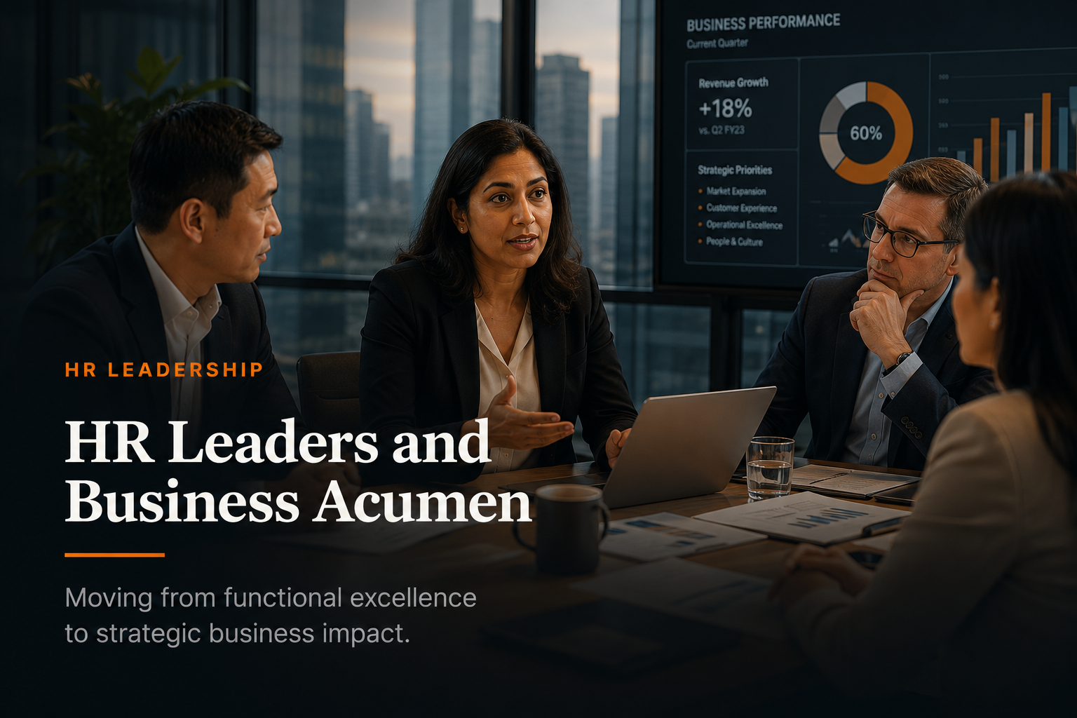 Indian woman leading a strategic business discussion with performance metrics in the background